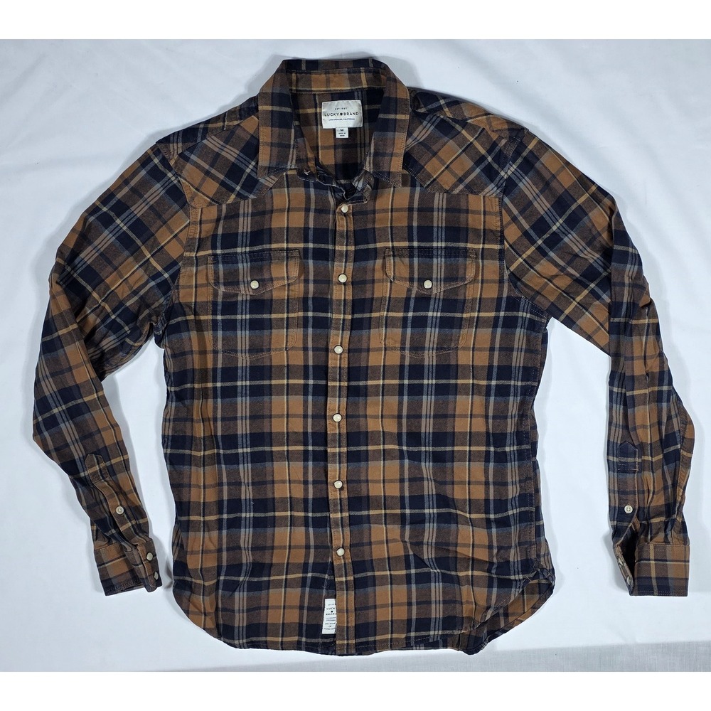 Lucky Brand Mens Brown Navy Blue Plaid Pearl Snap Western Flannel Shirt Medium